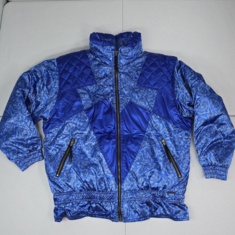 Vintage 80s Retro Edelweiss Skiwear Women L Blue Satin Winter Ski Jacket